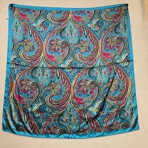M.O.S.I. Paisley Scarf Teal Pink Satin MOSI Women Large Square Wrap Boho 34" EUC